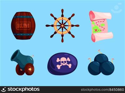 Pirate set. Old weapons treasure bottles bomb vintage elements and pirate symbols garish vector illustrations in flat style. Pirate elements rum and barrel. Pirate set. Old weapons treasure bottles bomb vintage elements and pirate symbols garish vector illustrations in flat style