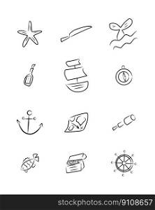 Pirate set, vector. Hand drawn sketch. Starfish and fish, ship, anchor and rudder, message in a bottle and map, treasure and spyglass, compass.