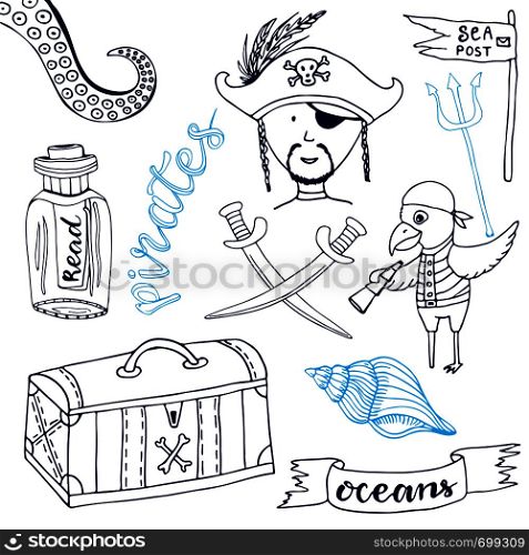 Pirate set with cute parrot. Hand drawn cartoon collection. Doodle vector illustrations. Pirate set with cute parrot. Hand drawn cartoon collection. Doodle vector illustrations.