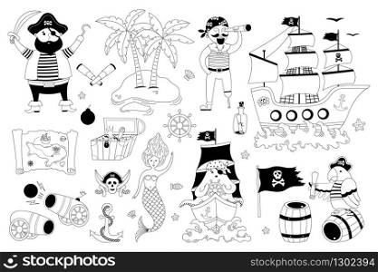 Pirate set with sail ship, palm, mermaid, pirates, map, octopus on a white background. Hand-drawn vector illustration of cute pirate objects. It&rsquo;s perfect for greeting card decoration, posters, room decor, children prints and others.