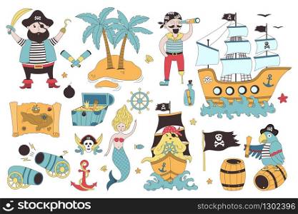 Pirate set with sail ship, palm, mermaid, pirates, map, octopus on a white background. Hand drawn vector illustration of cute pirate objects. It&rsquo;s perfect for greeting card decoration, posters, room decor, children prints and others.