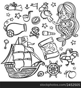 PIRATE SHIP AND MERMAID Cartoon Clipart Illustration Set