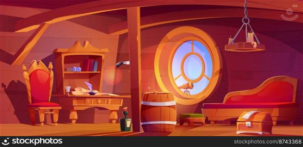 Pirate ship cabin interior with table, chair, sofa, telescope, treasure chest, barrel and bottle. Empty captain room on boat with wooden beams and porthole, vector cartoon illustration. Pirate ship cabin interior with porthole