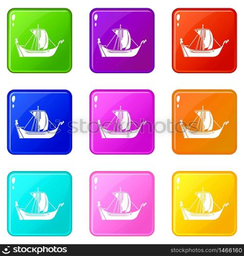 Pirate ship icons set 9 color collection isolated on white for any design. Pirate ship icons set 9 color collection