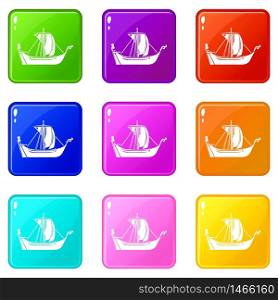 Pirate ship icons set 9 color collection isolated on white for any design. Pirate ship icons set 9 color collection
