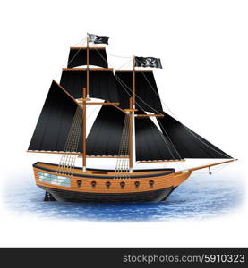 Pirate Ship Illustration . Wooden pirate ship with black sails and Jolly Roger flag at sea realistic vector illustration