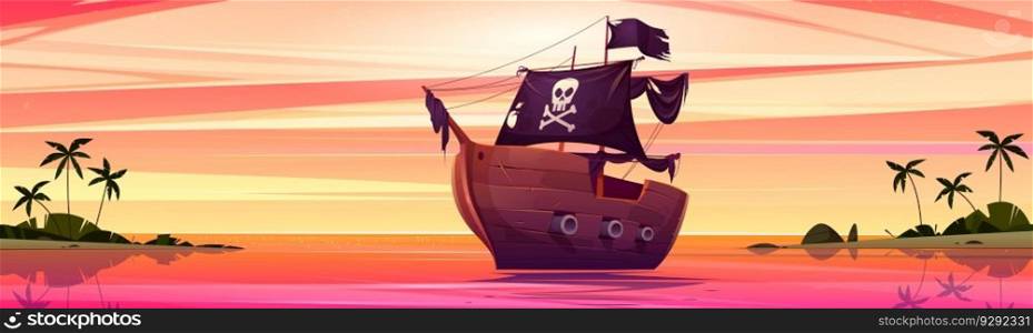 Pirate ship near sea island beach sunset cartoon vector background. Orange evening sky, ocean landscape with green palm tree. Tropical lagoon shore skyline and wooden boat with black skull flag.. Pirate ship near sea island beach sunset cartoon