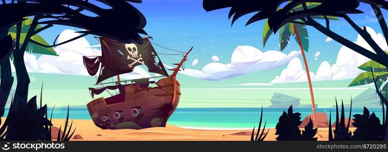 Pirate ship on tropical island sea beach with palm trees and vines. Old filibuster boat with black sails and jolly roger skull stuck in sand, scene for adventure game, Cartoon vector illustration. Pirate ship on tropical island beach with palms