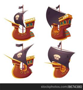 Pirate ship set isolated on white background. Wooden boat with black sails, cannon holes and sailyards. Corvette or frigate with buccaneer flag skull and bones. Old battleship, barge cartoon vector. Pirate ship set isolated on white background.