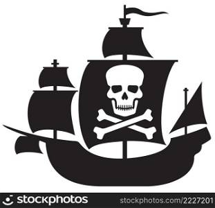 Pirate ship with skull with crossed bones on the sail