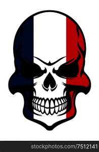 Pirate skull colored in national colors of France isolated on white background, for tattoo or t-shirt design . Skull in France flag colors