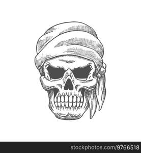 Pirate skull in bandana isolated human skeleton head sketch. Vector seafarer death symbol. Skull skeleton in bandana isolated tattoo sketch