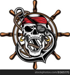Pirate Skull Over Anchor In Ropes And Ship Rudder Graphic Logo Design Vector Hand Drawn Illustration Isolated On Transparent Background