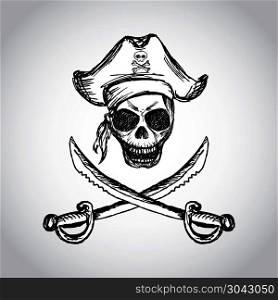 pirate skull with hat and crossed swords, hand drawing, vector. pirate skull with hat and crossed swords