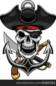 Pirate Skull With Sabre And Gun Over Anchor In Ropes. Graphic Logo Design. Vector Hand Drawn Illustration Isolated On Transparent Background
