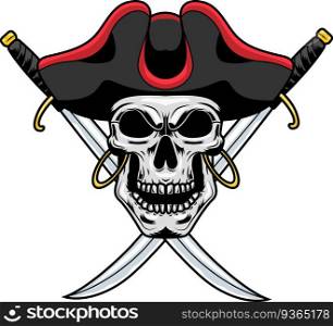 Pirate Skull With Two Sabres Graphic Logo Design. Vector Hand Drawn Illustration Isolated On Transparent Background
