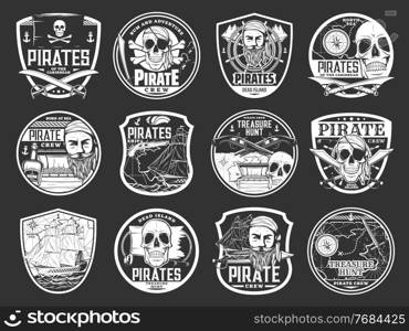 Pirate skulls and treasure island icons, Caribbean sea adventure, vector shield badges. Pirate captain and ship, buccaneer Merry Roger crossbones flag, rum and treasures chest on map with compass. Pirate badges, merry roger skull, treasure island