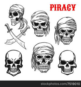 Pirate skulls in head scarfs. Artistic pencil sketch icons. Cranium and crossbones in piracy style for cartoon, label, tattoo, t-shirt, halloween poster. Pirate skulls and crossbones sketch icons