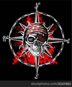 Pirate symbol Jolly Roger skull on background wind rose and red blood blots. wind rose skull. wind rose skull