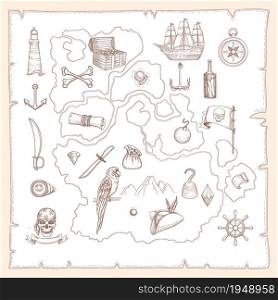 Pirate symbols. Ancient old map of treasures medieval sea ships and weapons old ocean creatures vector nautical objects. Illustration parchment map, ancient cartography vintage, treasure and antique. Pirate symbols. Ancient old map of treasures medieval sea ships and weapons old ocean creatures vector nautical objects