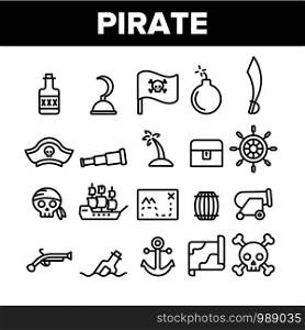 Pirate Things Collection Elements Icons Set Vector Thin Line. Pirate Triangle Hat And Sabre, Skull With Bandanna And Bones Concept Linear Pictograms. Monochrome Contour Illustrations. Pirate Things Collection Elements Icons Set Vector