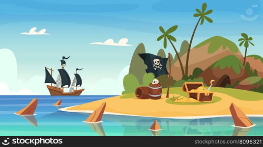 Pirate treasure background. Battleship with filibusters pirate weapons exact vector cartoon illustration. Sailboat of pirate battleship. Pirate treasure background. Battleship with filibusters pirate weapons exact vector cartoon illustration