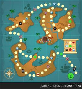 Pirate treasure island map game puzzle template vector illustration.