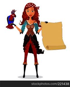 Pirate with scroll and a parrot vector illustration