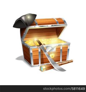 Pirate wooden treasure chest trunk with gold spy glass cutlass and black triangle hat abstract vector illustration. Pirate treasure chest illustration
