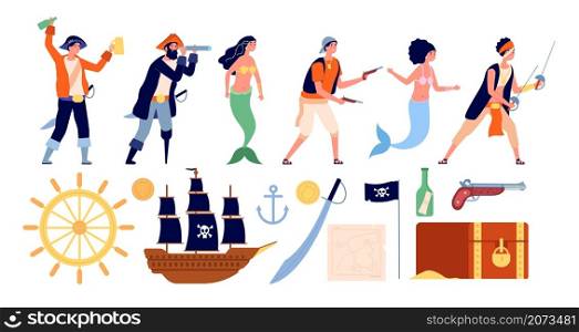 Pirates and mermaids. Cute mermaid, pirate cartoon ship crew. Treasure map, isolated sailboat chest and marine kids utter vector elements. Illustration captain pirate character, mermaid and sailboat. Pirates and mermaids. Cute mermaid, pirate cartoon ship crew. Treasure map, isolated sailboat chest and flat marine kids utter vector elements