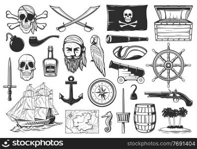 Pirates and treasures map icons, Caribbean island and sea adventure, vector. Pirates flag Merry Roger, anchor and compass, rum barrel and cannon bombs, filibuster hadn hook and parrot with gold chest. Pirates and treasures map icons, Caribbean island