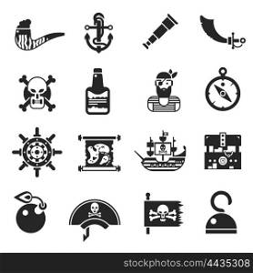 Pirates Black Icons Set. Pirates black icons set with boarding saber projectile for gun hand hook bottle of rum isolated vector illustration