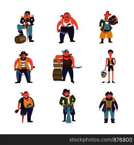 Pirates cartoon characters of captains with ship helm or sailor filibuster with gold money chest, frigate cabin boy and old man with wooden crutch leg. Pirates cartoon characters of captains with ship helm or sailor filibuster with gold money chest