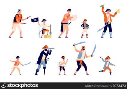Pirates characters. Cartoon pirate, marine robber men and boys. Ocean traveller characters, childish person with treasure and map utter vector set. Illustration pirate character, captain and sailor. Pirates characters. Cartoon pirate, marine robber men and boys. Ocean traveller characters, childish person with treasure and map utter vector set