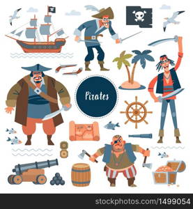 Pirates. Collection of adorable pirates, sail ship, sea fish and treasure chest, isolated on white background. Childish vector illustration in flat cartoon style