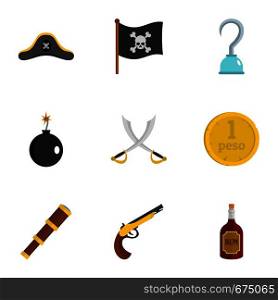 Pirates element icon set. Flat set of 9 pirates element vector icons for web isolated on white background. Pirates element icon set, flat style
