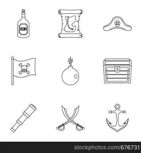 Pirates element icon set. Outline set of 9 pirates element vector icons for web isolated on white background. Pirates element icon set, outline style