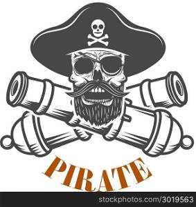 pirates. Emblem template with cannons and pirate skull. Design element for logo, label, emblem, sign. Vector illustration
