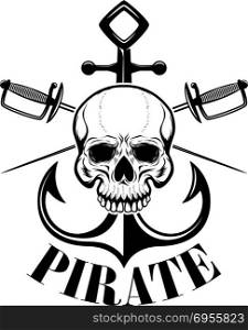 pirates. Emblem template with swords and pirate skull. Design element for logo, label, emblem, sign. Vector illustration