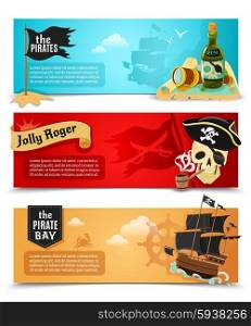 Pirates flat banners set . Pirates flat banners set with ship jolly roger and triangle black hat symbols abstract isolated vector illustration