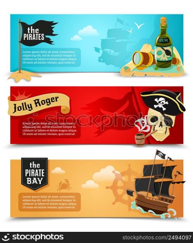 Pirates flat banners set with ship jolly roger and triangle black hat symbols abstract isolated vector illustration. Pirates flat banners set