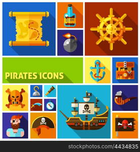 Pirates Flat Cartoon Icons . Pirates flat cartoon icons in colorful squares with map ship helm anchor smoking pipe bottle of rum isolated vector illustration