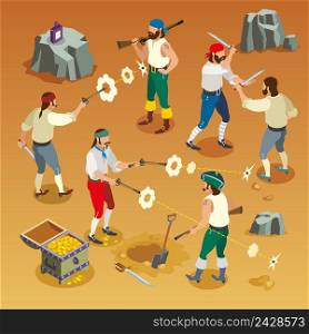 Pirates game isometric composition with men during fight on sand background with bullet holes vector illustration. Pirates Game Isometric Composition