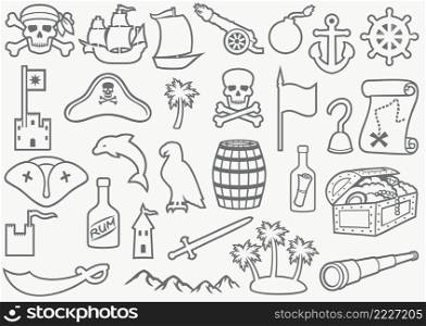 Pirates icons set  sabre, skull with bandanna and bones, hook, triangle hat, old ship, spyglass, treasure chest, cannon, anchor, rudder, mountain, map, barrel, rum, island 