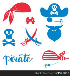 Pirates icons, signs and symbols set. Hat, beard man, sables, bandana, skull and crossbones, Vector red and blue doodle illustration isolated on white background. Pirates icons, signs and symbols set. Hat, beard man, sables, bandana, skull and crossbones, Vector doodle illustration isolated on white background