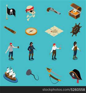 Pirates Isometric Icons. Pirates isometric icons with hand hook binoculars weapon map flag trunk wooden wheel isolated on blue background vector illustration