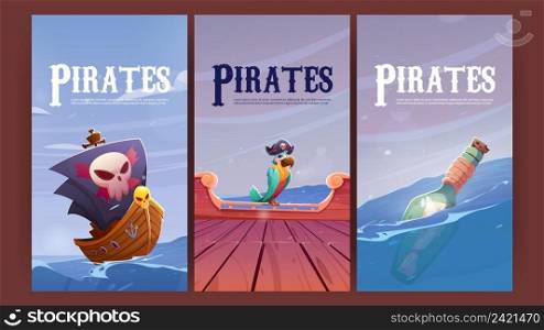Pirates posters with wooden ship deck, parrot in hat and bottle with letter floating in sea. Vector banners with cartoon illustration of boat with black sails, corsair bird and message in bottle. Pirates poster with ship, parrot and bottle in sea