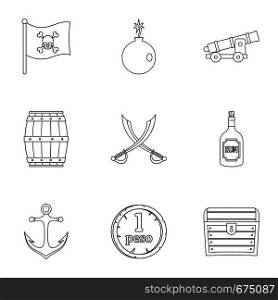 Pirates treasure icon set. Outline set of 9 pirates treasure vector icons for web isolated on white background. Pirates treasure icon set, outline style