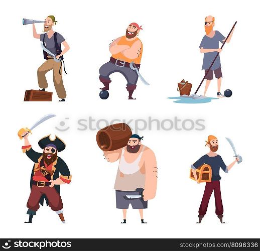 Pirates. Vintage aggressive sailors captain jack with rum and weapons exact vector pirate characters in action poses. Pirate sailor and captain illustration characters. Pirates. Vintage aggressive sailors captain jack with rum and weapons exact vector pirate characters in action poses