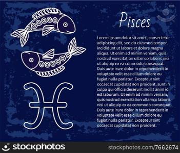 Pisces negative mutable zodiac sign with sketch of two fish in circle. Astrological element for people born in february and march. Isolated decorative icon for horoscopes and predictions vector. Pisces Astrology Sign, Zodiac and Horoscope Symbol